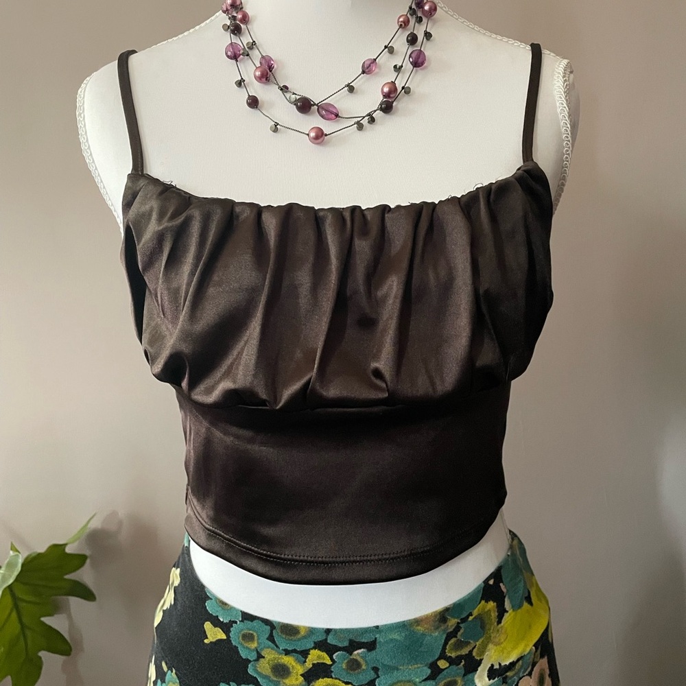 Divided Chocolate Brown Satin Ruched Crop Cami